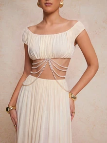 Lumalex Women's White Summer Elegant Evening Holiday Off-The-Shoulder Soft Mesh Ruched Pearl Chain Asymmetrical Maxi Dress 2-Piece Set,Luxury Party Outfit - Apricot - View 6