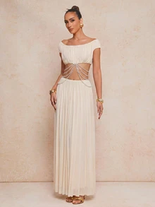 Lumalex Women's White Summer Elegant Evening Holiday Off-The-Shoulder Soft Mesh Ruched Pearl Chain Asymmetrical Maxi Dress 2-Piece Set,Luxury Party Outfit - Apricot - View 5