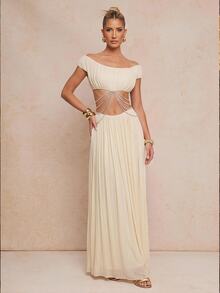 Lumalex Women's White Summer Elegant Evening Holiday Off-The-Shoulder Soft Mesh Ruched Pearl Chain Asymmetrical Maxi Dress 2-Piece Set,Luxury Party Outfit - Apricot - View 2