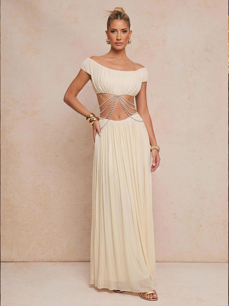 Lumalex Women's White Summer Elegant Evening Holiday Off-The-Shoulder Soft Mesh Ruched Pearl Chain Asymmetrical Maxi Dress 2-Piece Set,Luxury Party Outfit