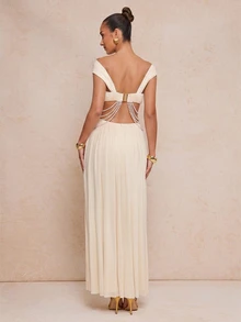 Lumalex Women's White Summer Elegant Evening Holiday Off-The-Shoulder Soft Mesh Ruched Pearl Chain Asymmetrical Maxi Dress 2-Piece Set,Luxury Party Outfit - Apricot - View 3