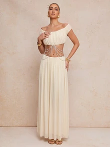 Lumalex Women's White Summer Elegant Evening Holiday Off-The-Shoulder Soft Mesh Ruched Pearl Chain Asymmetrical Maxi Dress 2-Piece Set,Luxury Party Outfit - Apricot - View 7