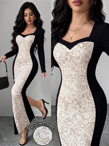 Elenzga Women's Black Patchwork Printed Lace Long Sleeve Dress, Elegant High-End Design, Birthday Gift, Date, Party, Carnival, Music Festival, Cocktail Party, Gathering, Travel, Beach, Vacation, Atmospheric Outfit, Autumn Clothing, Autumn Dress, Autumn New Arrival, Essential Fashion Item, Niche Design, Versatile Style, Women's Elegant Dress - Multicolor - View 1