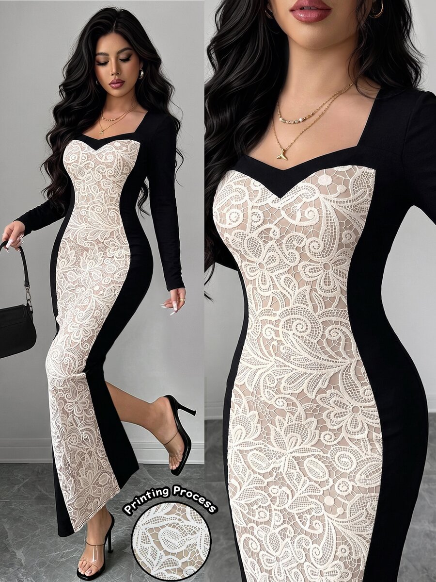 Elenzga Women's Black Patchwork Printed Lace Long Sleeve Dress, Elegant High-End Design, Birthday Gift, Date, Party, Carnival, Music Festival, Cocktail Party, Gathering, Travel, Beach, Vacation, Atmospheric Outfit, Autumn Clothing, Autumn Dress, Autumn New Arrival, Essential Fashion Item, Niche Design, Versatile Style, Women's Elegant Dress - Multicolor - View 1