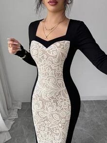 Elenzga Women's Black Patchwork Printed Lace Long Sleeve Dress, Elegant High-End Design, Birthday Gift, Date, Party, Carnival, Music Festival, Cocktail Party, Gathering, Travel, Beach, Vacation, Atmospheric Outfit, Autumn Clothing, Autumn Dress, Autumn New Arrival, Essential Fashion Item, Niche Design, Versatile Style, Women's Elegant Dress - Multicolor - View 3