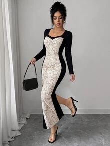 Elenzga Women's Black Patchwork Printed Lace Long Sleeve Dress, Elegant High-End Design, Birthday Gift, Date, Party, Carnival, Music Festival, Cocktail Party, Gathering, Travel, Beach, Vacation, Atmospheric Outfit, Autumn Clothing, Autumn Dress, Autumn New Arrival, Essential Fashion Item, Niche Design, Versatile Style, Women's Elegant Dress - Multicolor - View 5