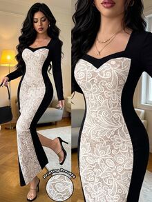 Elenzga Women's Black Patchwork Printed Lace Long Sleeve Dress, Elegant High-End Design, Birthday Gift, Date, Party, Carnival, Music Festival, Cocktail Party, Gathering, Travel, Beach, Vacation, Atmospheric Outfit, Autumn Clothing, Autumn Dress, Autumn New Arrival, Essential Fashion Item, Niche Design, Versatile Style, Women's Elegant Dress - Multicolor - View 4