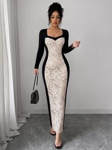 Elenzga Women's Black Patchwork Printed Lace Long Sleeve Dress, Elegant High-End Design, Birthday Gift, Date, Party, Carnival, Music Festival, Cocktail Party, Gathering, Travel, Beach, Vacation, Atmospheric Outfit, Autumn Clothing, Autumn Dress, Autumn New Arrival, Essential Fashion Item, Niche Design, Versatile Style, Women's Elegant Dress - Multicolor - View 7