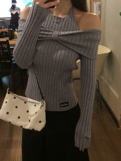 DAZY Women's Solid Color Cold Shoulder Casual Versatile Daily Wear Long Sleeve Sweater