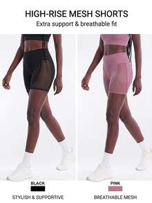 SHEIN Cheerettes Women's Mesh Patchwork High Waist Athletic Shorts Black Purple Sports Shorts 2 Pack High Waist Mesh Panel Tummy Control Butt Lift Breathable For Gym - Multicolor - View 2
