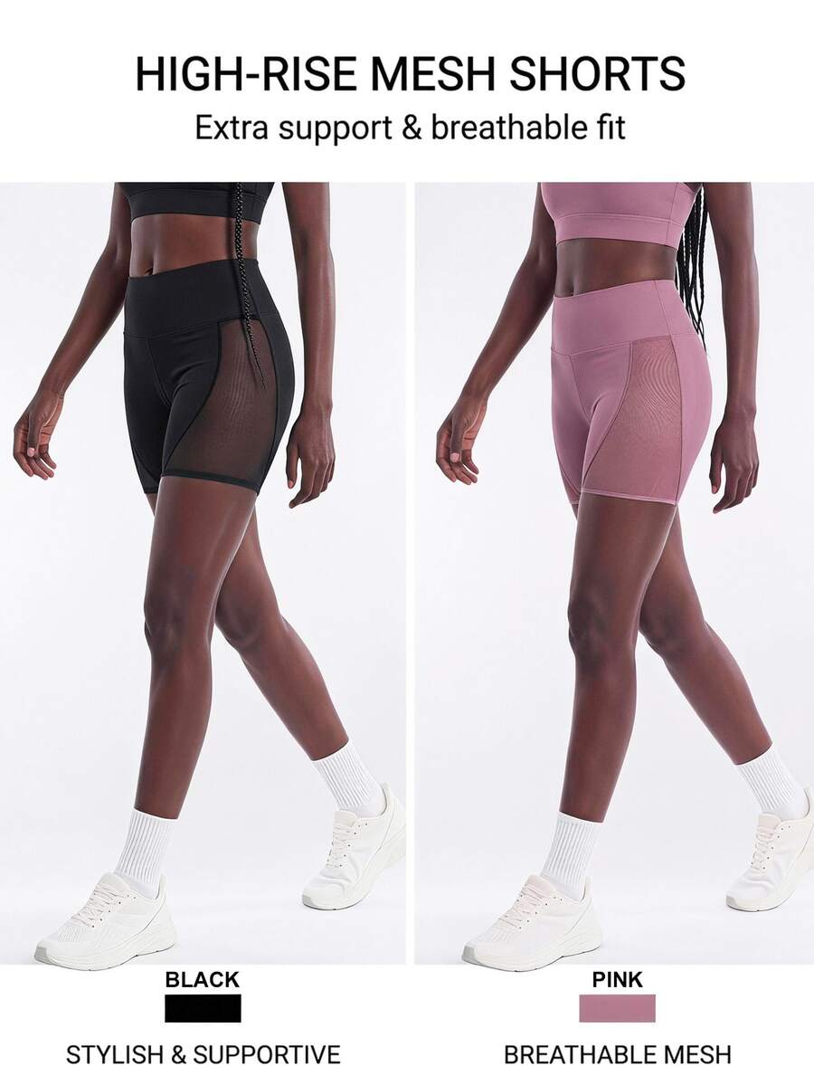 SHEIN Cheerettes Women's Mesh Patchwork High Waist Athletic Shorts Black Purple Sports Shorts 2 Pack High Waist Mesh Panel Tummy Control Butt Lift Breathable For Gym