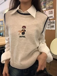 DAZY Women's Colorblock Letter Cartoon Pattern Casual Daily Knit Vest Fall - Apricot - View 1