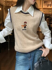 DAZY Women's Colorblock Letter Cartoon Pattern Casual Daily Knit Vest Fall - Apricot - View 6