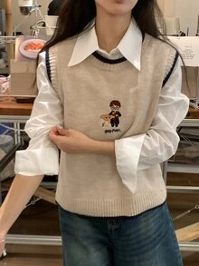 DAZY Women's Colorblock Letter Cartoon Pattern Casual Daily Knit Vest Fall - Apricot - View 4