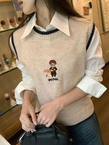 DAZY Women's Colorblock Letter Cartoon Pattern Casual Daily Knit Vest Fall - Apricot - View 5