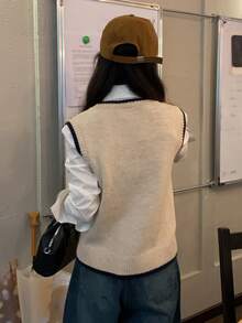 DAZY Women's Colorblock Letter Cartoon Pattern Casual Daily Knit Vest Fall - Apricot - View 2