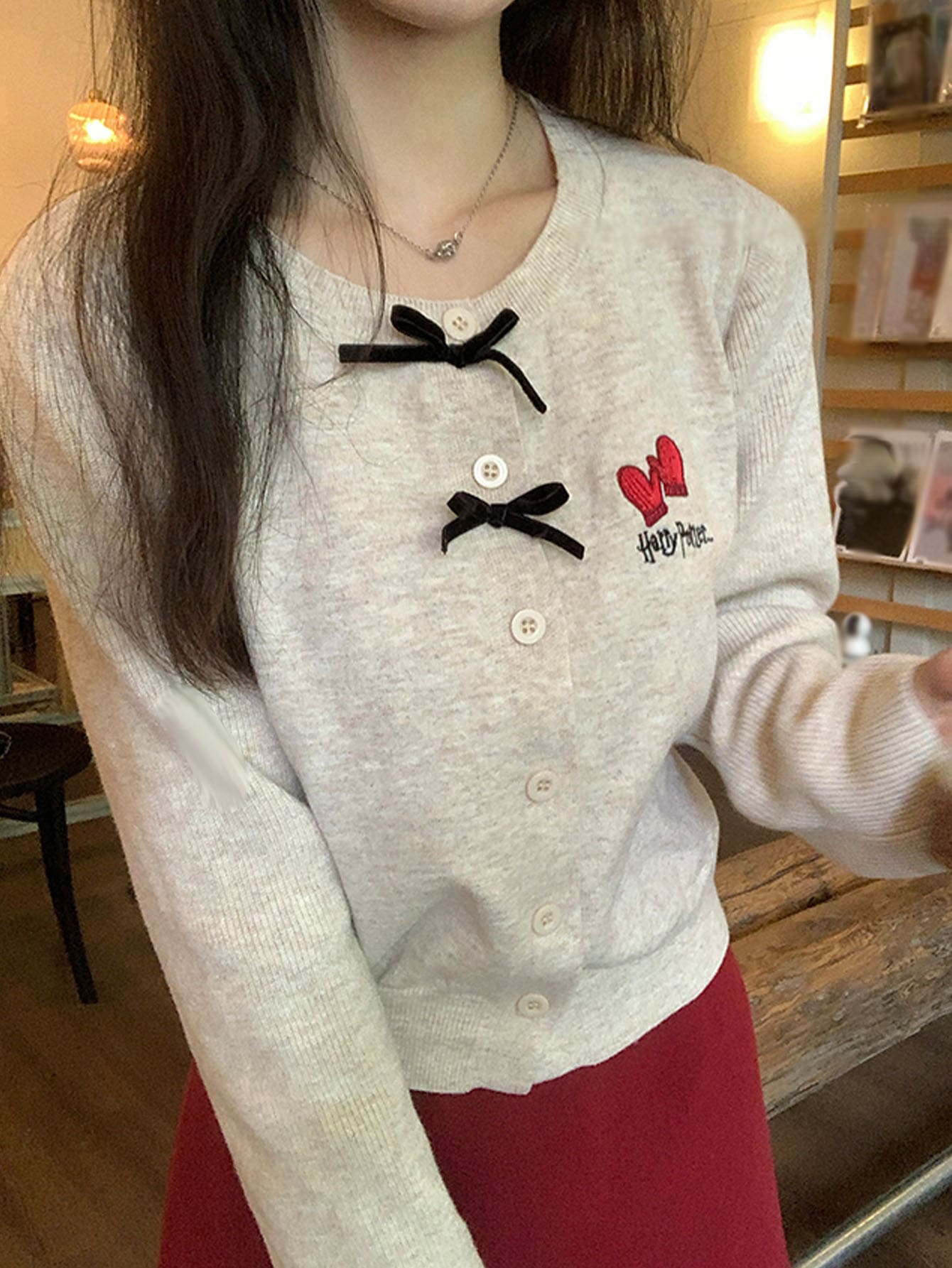 DAZY Women's Letter Pattern Bow Decor Casual Cute Preppy Daily Everyday School Long Sleeve Sweater Autumn White - Apricot - View 1