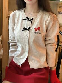 DAZY Women's Letter Pattern Bow Decor Casual Cute Preppy Daily Everyday School Long Sleeve Sweater Autumn White - Apricot - View 6