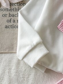 SHEIN 2件組少女長袖上衣與裙子套裝，白色針織刺繡經典版型圓領上衣搭配粉白條紋百褶裙，7歲生日秋季款 - 粉色 - 查看 7