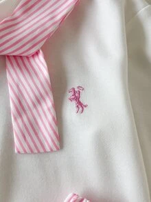 SHEIN 2件組少女長袖上衣與裙子套裝，白色針織刺繡經典版型圓領上衣搭配粉白條紋百褶裙，7歲生日秋季款 - 粉色 - 查看 6