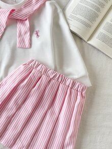 SHEIN 2件組少女長袖上衣與裙子套裝，白色針織刺繡經典版型圓領上衣搭配粉白條紋百褶裙，7歲生日秋季款 - 粉色 - 查看 8