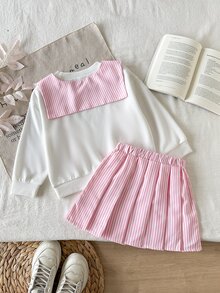SHEIN 2件組少女長袖上衣與裙子套裝，白色針織刺繡經典版型圓領上衣搭配粉白條紋百褶裙，7歲生日秋季款 - 粉色 - 查看 3