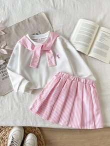 SHEIN 2件組少女長袖上衣與裙子套裝，白色針織刺繡經典版型圓領上衣搭配粉白條紋百褶裙，7歲生日秋季款 - 粉色 - 查看 4