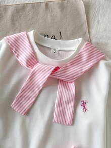 SHEIN 2件組少女長袖上衣與裙子套裝，白色針織刺繡經典版型圓領上衣搭配粉白條紋百褶裙，7歲生日秋季款 - 粉色 - 查看 5
