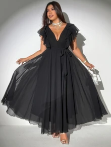 Viva Relle Women Plus Size Elegant Romantic Tie-Up Deep V-Neck Ruffle Sleeve A-Line Chiffon Dress - Black - View 6