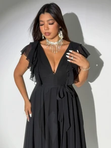 Viva Relle Women Plus Size Elegant Romantic Tie-Up Deep V-Neck Ruffle Sleeve A-Line Chiffon Dress - Black - View 9