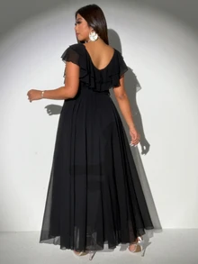 Viva Relle Women Plus Size Elegant Romantic Tie-Up Deep V-Neck Ruffle Sleeve A-Line Chiffon Dress - Black - View 2
