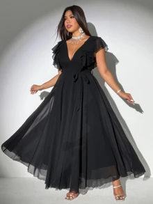 Viva Relle Women Plus Size Elegant Romantic Tie-Up Deep V-Neck Ruffle Sleeve A-Line Chiffon Dress - Black - View 4