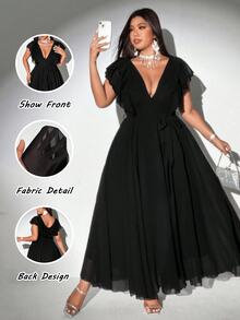 Viva Relle Women Plus Size Elegant Romantic Tie-Up Deep V-Neck Ruffle Sleeve A-Line Chiffon Dress - Black - View 1