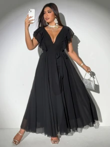 Viva Relle Women Plus Size Elegant Romantic Tie-Up Deep V-Neck Ruffle Sleeve A-Line Chiffon Dress - Black - View 5