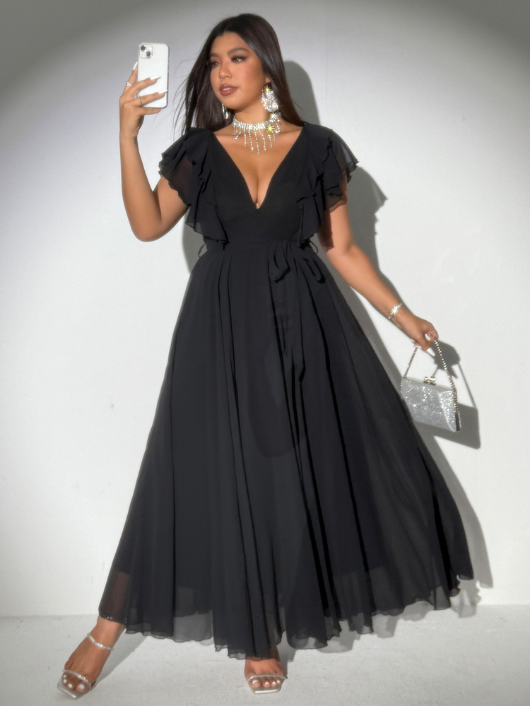 Viva Relle Women Plus Size Elegant Romantic Tie-Up Deep V-Neck Ruffle Sleeve A-Line Chiffon Dress - Black - View 5