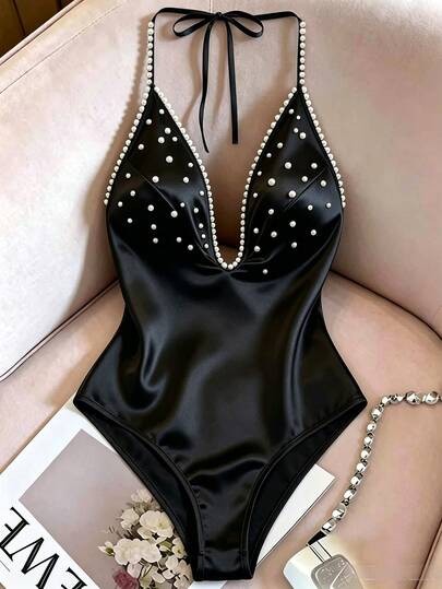 Franclia Women's Elegant Sexy Beaded Decor Backless Halter Neck Bodysuit