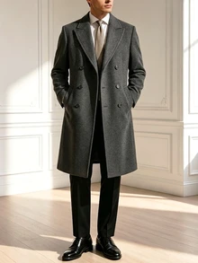 Core Aspect Men's Solid-Color, Long-Sleeved, Button-Front Coat (With Pockets) Suitable For Autumn/Winter Styling And Formal Occasions Office Dark Green Elegant - Dark Grey - View 5