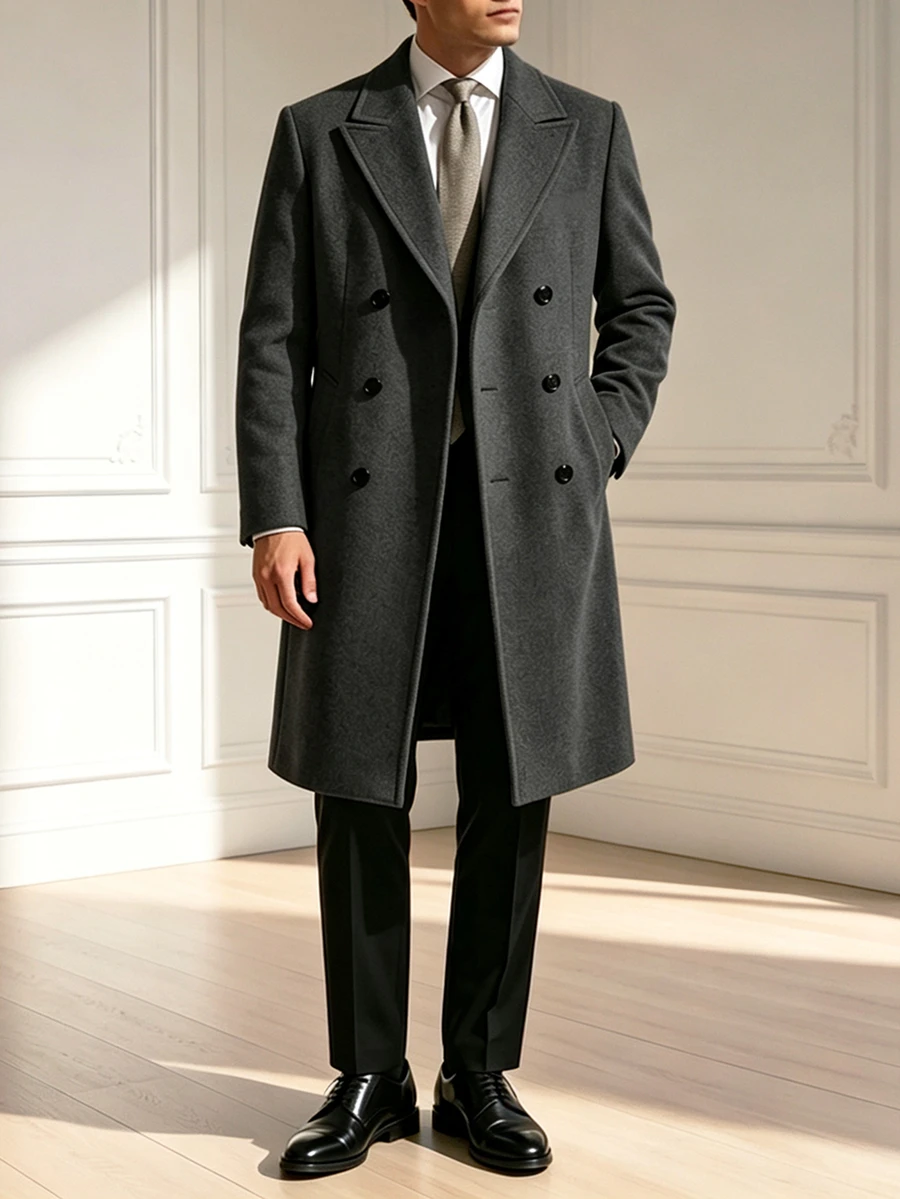 Core Aspect Men's Solid-Color, Long-Sleeved, Button-Front Coat (With Pockets) Suitable For Autumn/Winter Styling And Formal Occasions Office Dark Green Elegant - Dark Grey - View 1