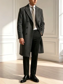 Core Aspect Men's Solid-Color, Long-Sleeved, Button-Front Coat (With Pockets) Suitable For Autumn/Winter Styling And Formal Occasions Office Dark Green Elegant - Dark Grey - View 3