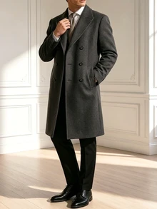 Core Aspect Men's Solid-Color, Long-Sleeved, Button-Front Coat (With Pockets) Suitable For Autumn/Winter Styling And Formal Occasions Office Dark Green Elegant - Dark Grey - View 6