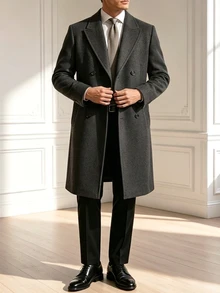 Core Aspect Men's Solid-Color, Long-Sleeved, Button-Front Coat (With Pockets) Suitable For Autumn/Winter Styling And Formal Occasions Office Dark Green Elegant - Dark Grey - View 4