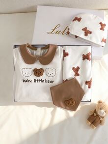 SHEIN 4pcs/Set Brown And White Polka Dot Heart Bear Romper Newborn Baby Boy Girl Layette Set Autumn - Brown - View 6