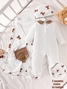 SHEIN 4pcs/Set Brown And White Polka Dot Heart Bear Romper Newborn Baby Boy Girl Layette Set Autumn - Brown - View 2