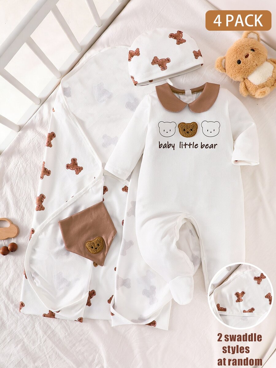 SHEIN 4pcs/Set Brown And White Polka Dot Heart Bear Romper Newborn Baby Boy Girl Layette Set Autumn - Brown - View 1