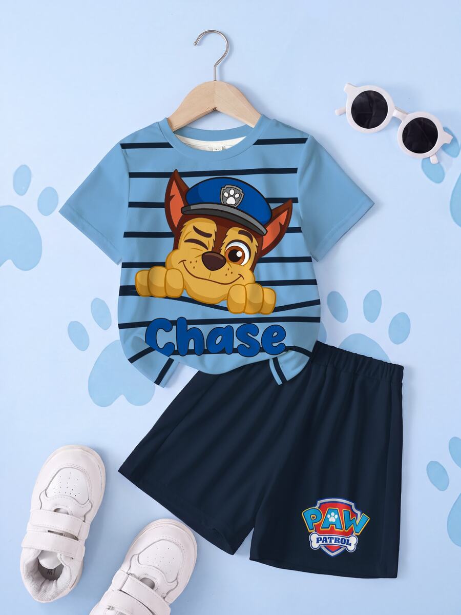 SHEIN | PAW Patrol Young Boy Striped Cartoon Print T-Shirt And Shorts Set - White - View 1