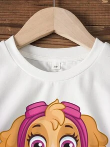 SHEIN | PAW Patrol 女童字母卡通印花短袖T恤與短褲休閒日常套裝 - 白色 - 查看 3