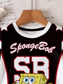 SpongeBob SquarePants | SHEIN 男童休闲圆领卡通字母印花短袖T恤，百搭日常穿着 - 白色 - 查看 3
