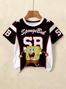 SpongeBob SquarePants | SHEIN 男童休闲圆领卡通字母印花短袖T恤，百搭日常穿着 - 白色 - 查看 1