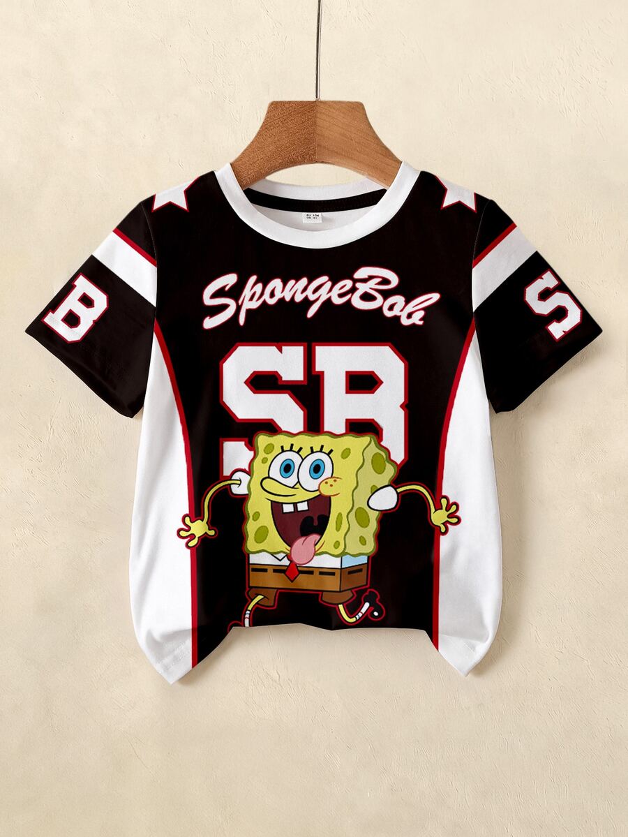 SpongeBob SquarePants | SHEIN 男童休闲圆领卡通字母印花短袖T恤,百搭日常穿着 - 白色 - 查看 1