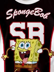 SpongeBob SquarePants | SHEIN 男童休闲圆领卡通字母印花短袖T恤，百搭日常穿着 - 白色 - 查看 4